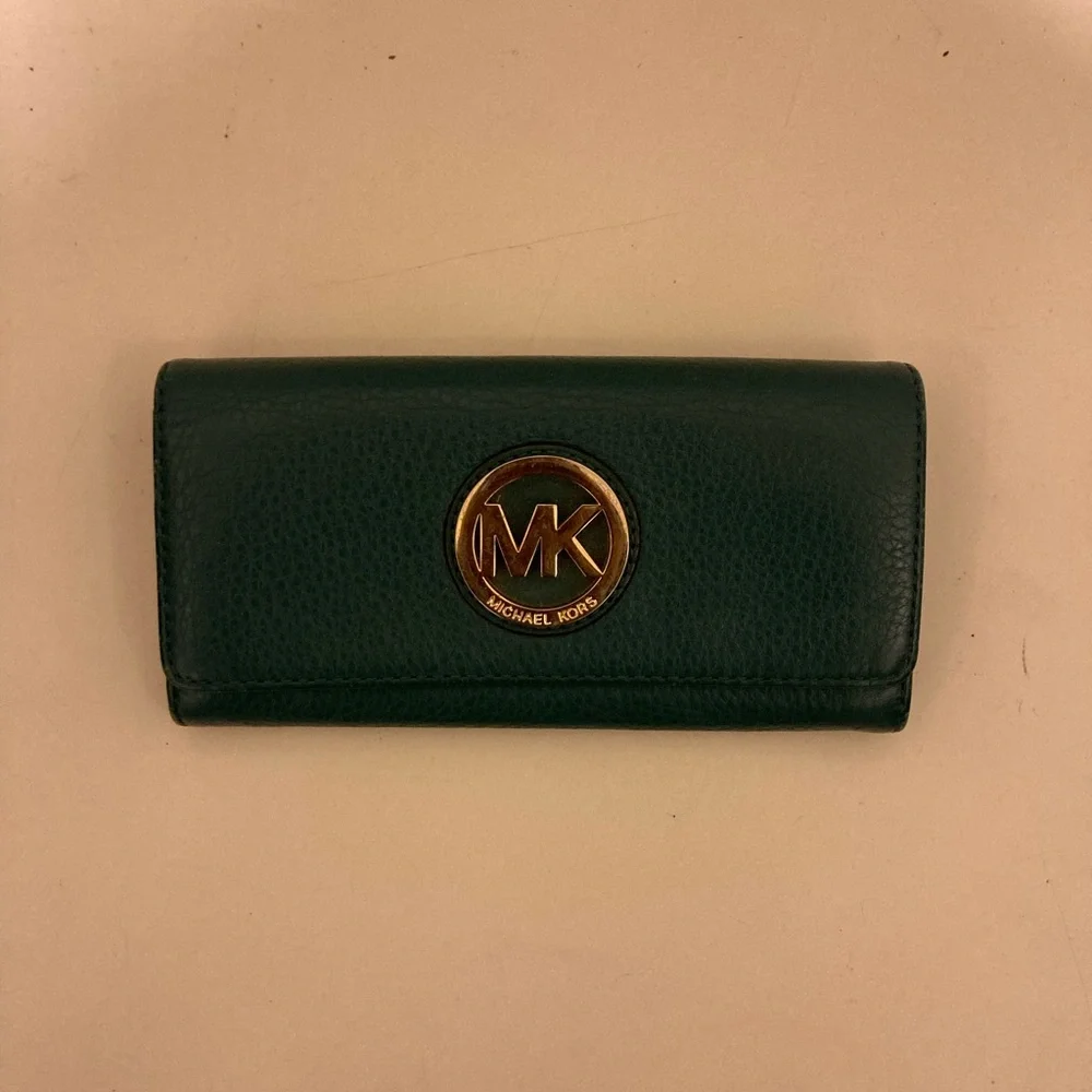 Michael Kors Dark Teal Pebbled Leather Wallet with Gold MK Emblem - Picture 3 of 13